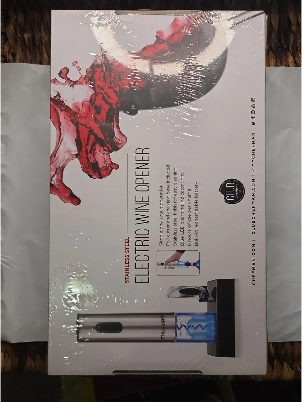 Chefman Stainless Steel Rechargeable Electric Wine Opener w/ Foil Cutter RJ42-SS